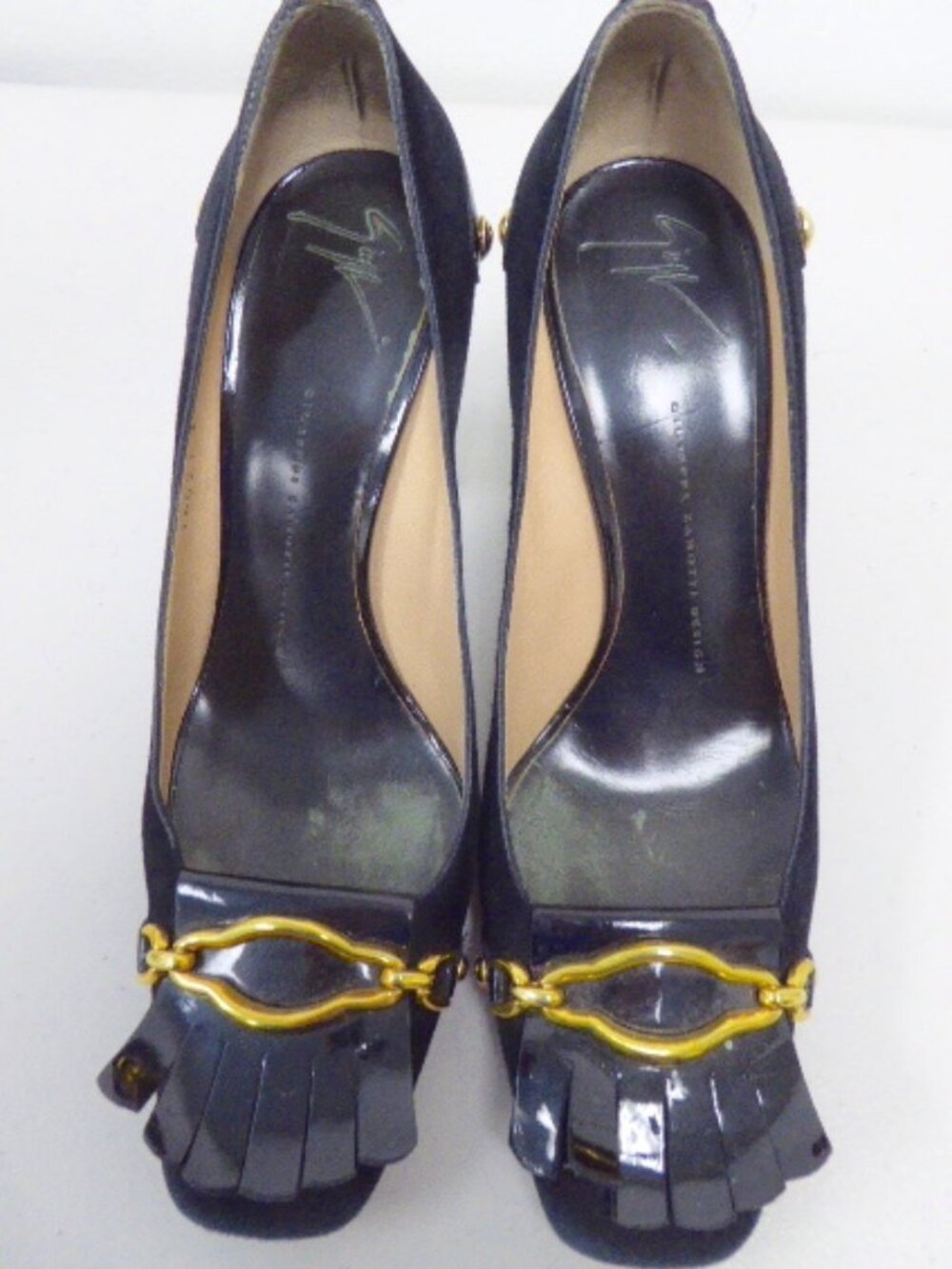 GIUSEPPE ZANOTTI Black SUEDE Patent LEATHER FRINGE PUMPS high HEELS 39.5